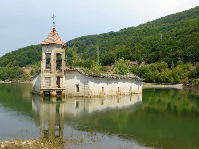 Submerged church from 1850 in Mavrovo Lake