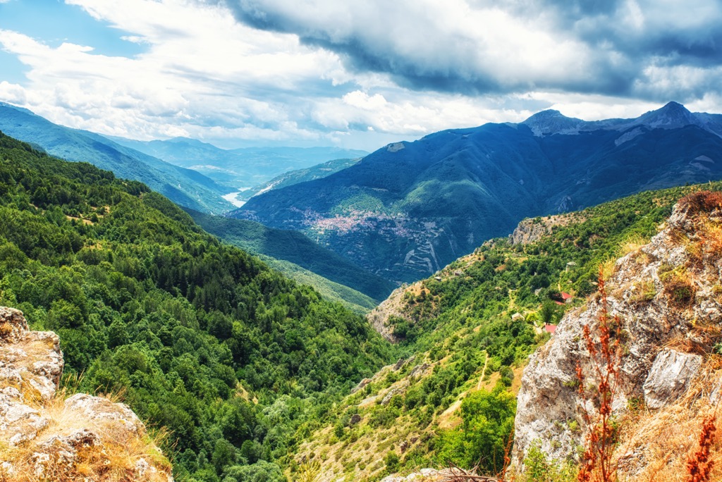 Sweeping view over a green valley and mountains in Mavrovo National Park