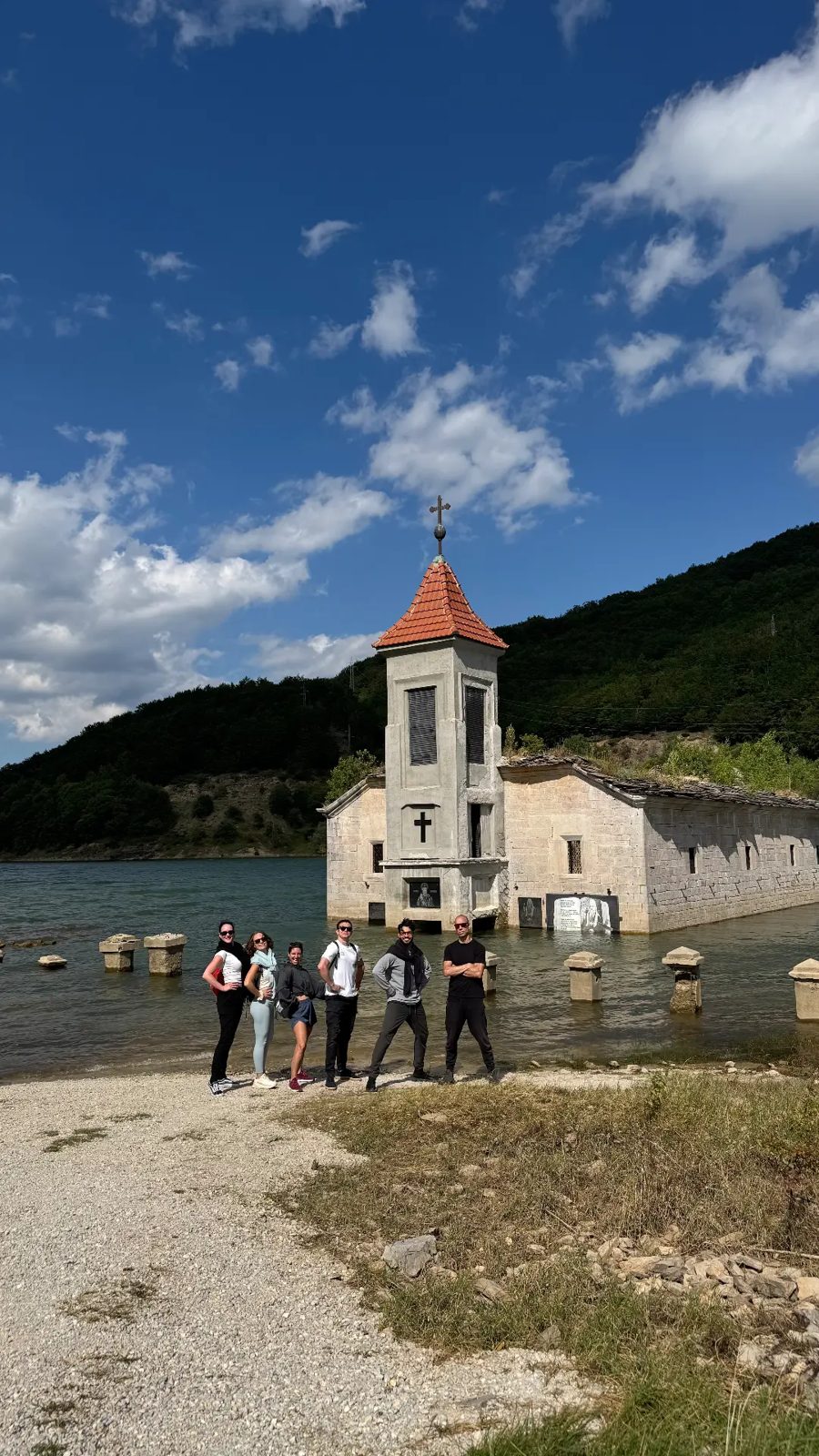 Group at the sunken church of Mavrovo