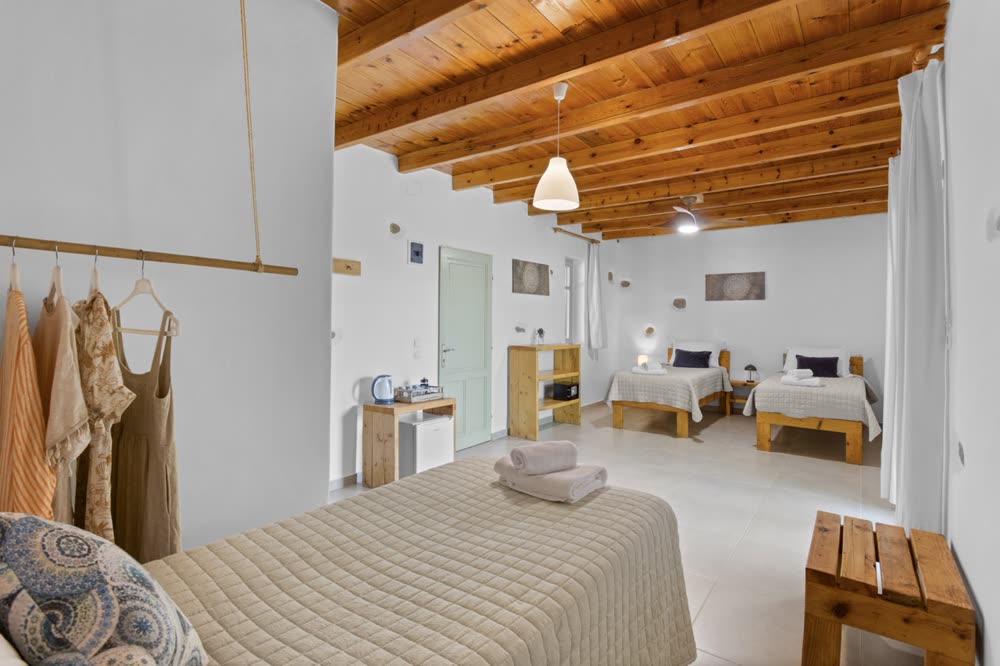 Spacious eco room with double bed and two single beds