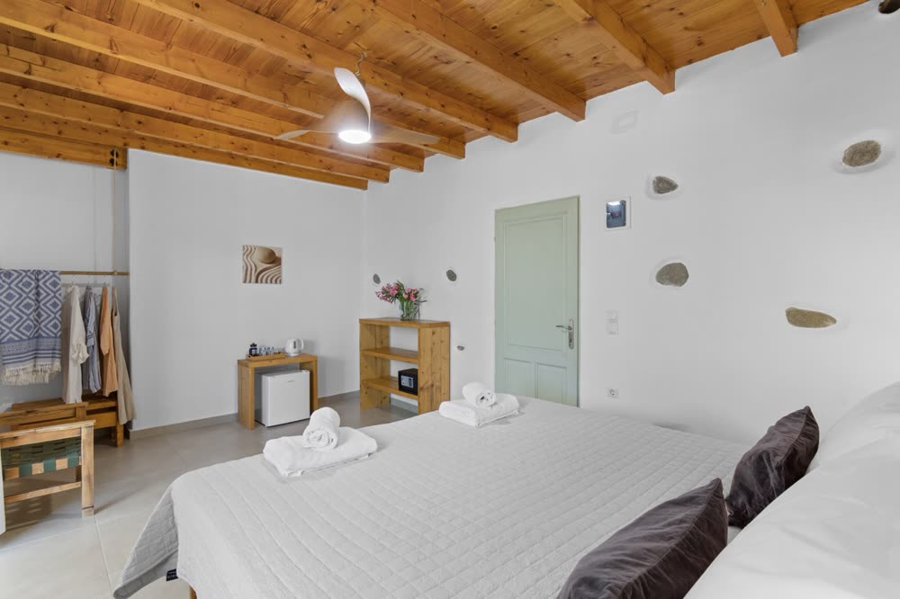 Bright eco room with double bed and wooden ceiling
