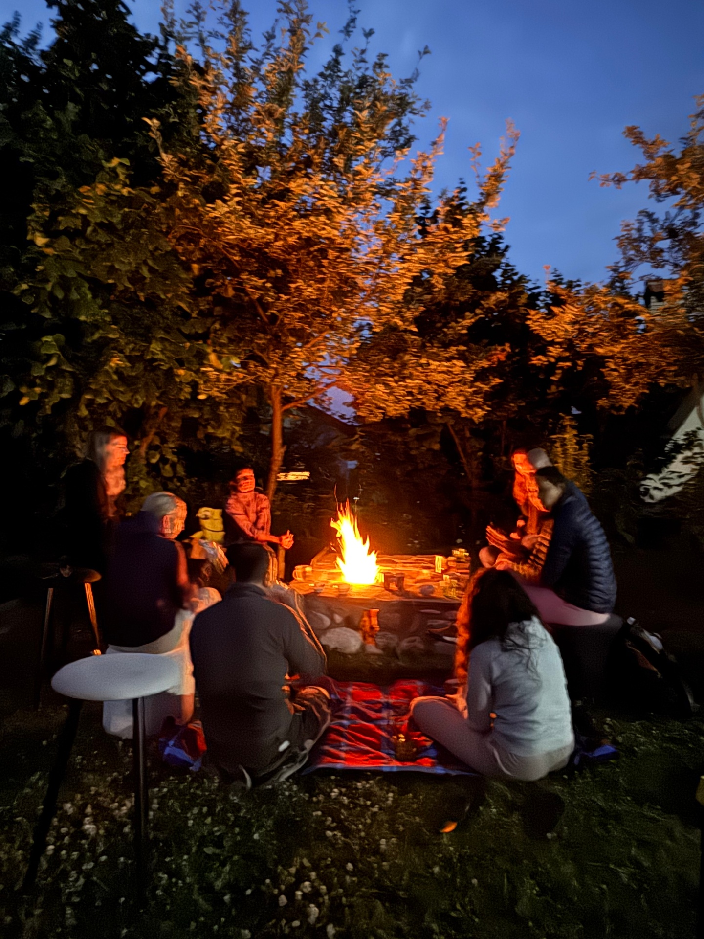 Group around the garden fire pit at dusk