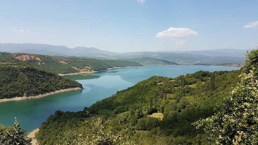 Panoramic view over Lake Mavrovo from the villa balcony